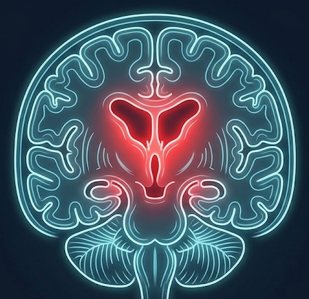 Coronal view of the brain with enlarged, fluid-filled ventricles, as seen in normal pressure hydrocephalus
