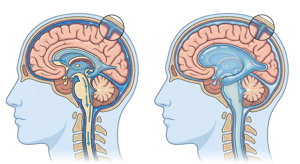 Sagittal (side) view of the head comparing normal cerebrospinal fluid circulation on the left with enlarged ventricles from hydrocephalus on the right