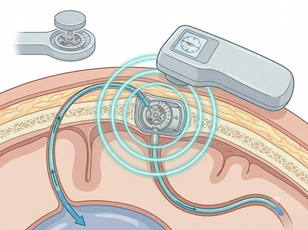 A programmable shunt valve implanted under the scalp being adjusted non-invasively by a handheld programmer held above the skin