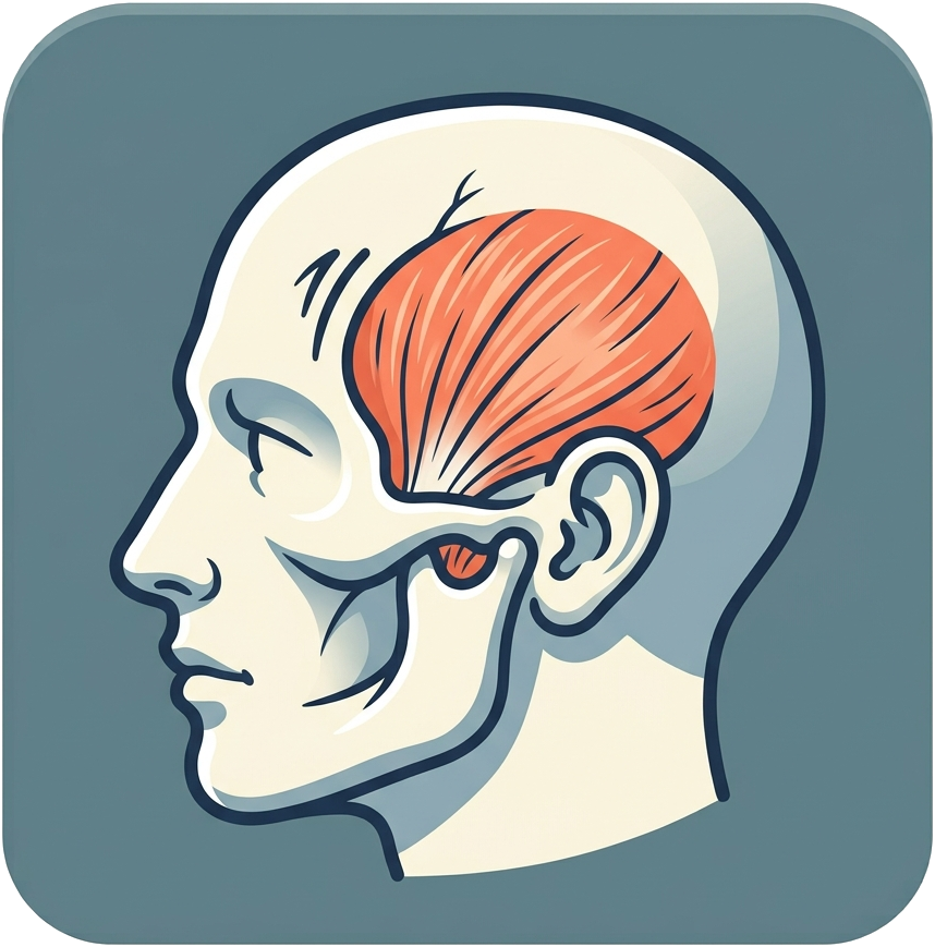 Illustration of a head in profile with the fan-shaped temporalis muscle at the temple highlighted, the muscle affected by temporal hollowing