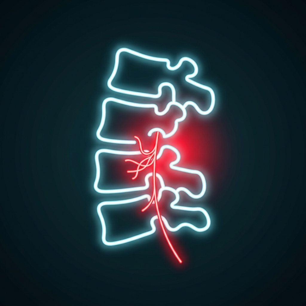 Neon illustration of a lower spine with one healed surgical level glowing red where pain persists after back surgery