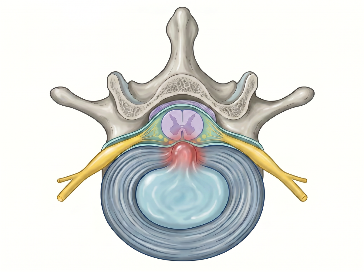 Central posterior disc material narrowing the canal toward the thecal sac.