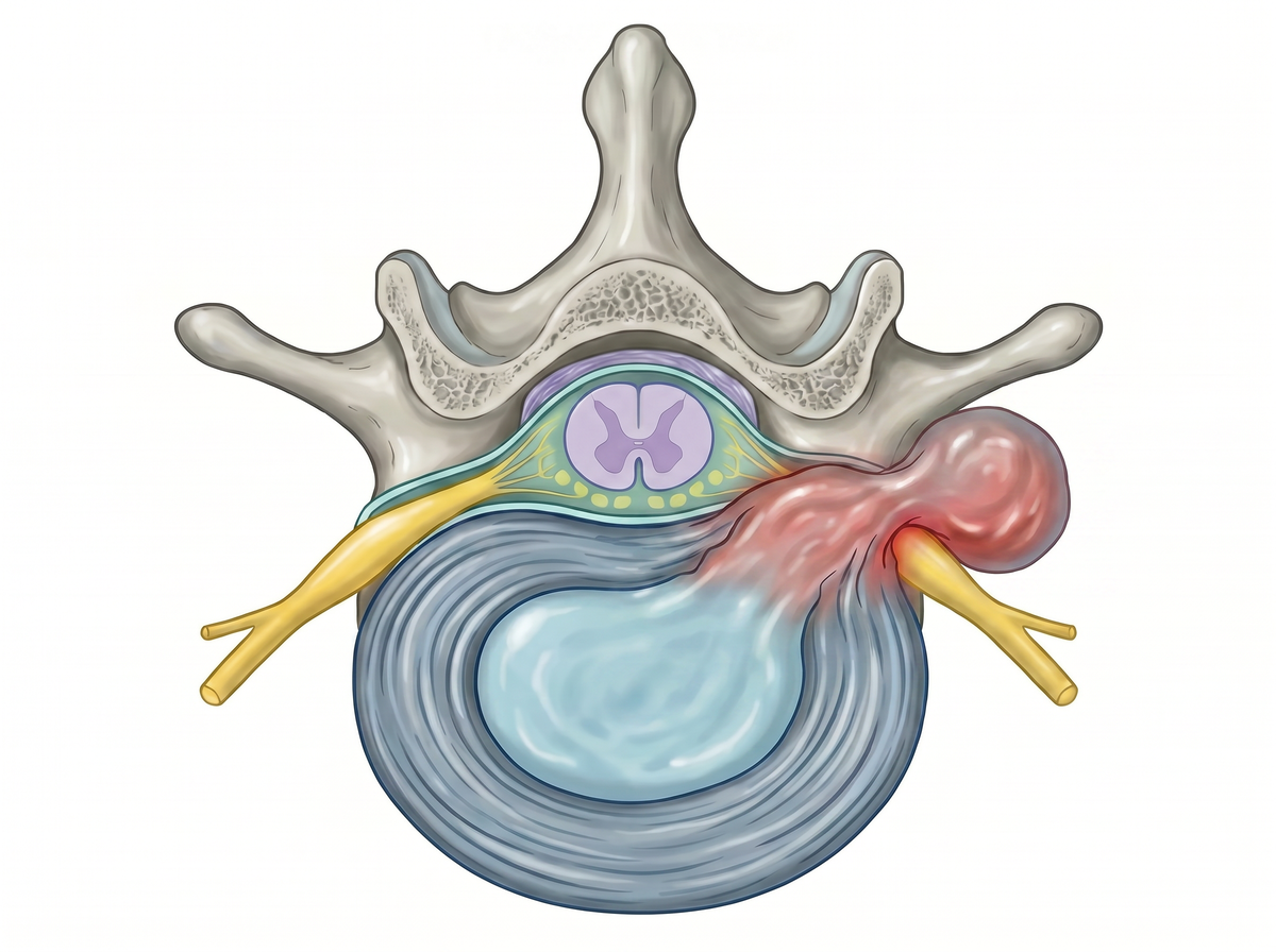 Extraforaminal far-lateral disc material contacting the exiting root beyond the foramen.