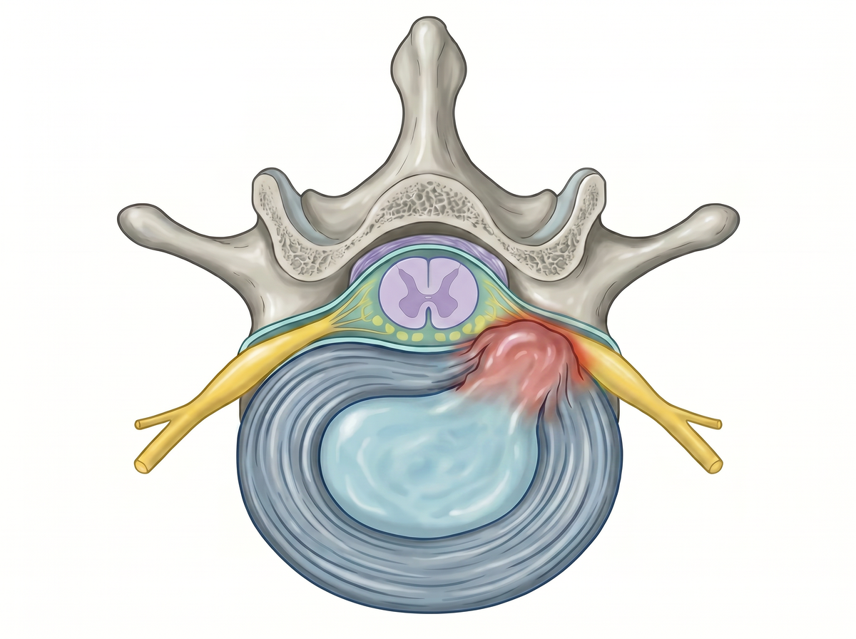 Foraminal disc material narrowing the foramen against the exiting root.