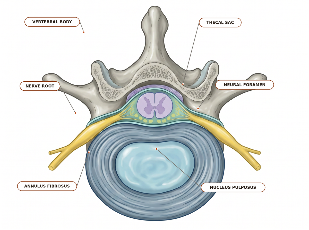 Normal axial lumbar anatomy with labels: vertebral body, thecal sac, nerve root, neural foramen, annulus fibrosus, nucleus pulposus.