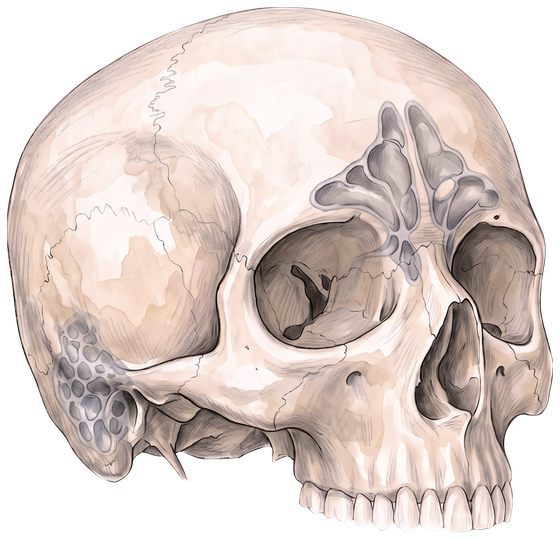 A frontal-lateral skull view with a ghosted view of the frontal sinus above the eyebrows and the mastoid air cells behind the ear.