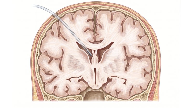 Illustration of an external ventricular drain (EVD) catheter placed into a brain ventricle